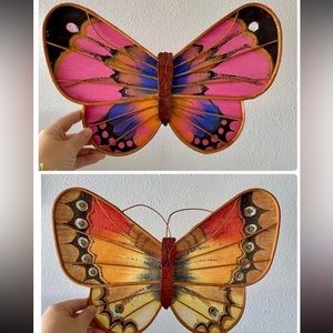 Pair of 2 Fabric Painted Butterflies. Rattan/Bent Wood Boho Retro 70s Decor